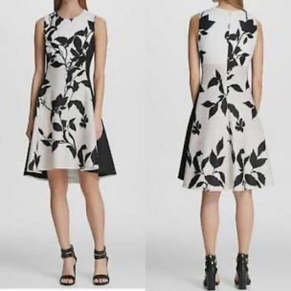 DKNY White/Beige/Black Floral Scuba A-Line Dress Sz S - Picture 1 of 9